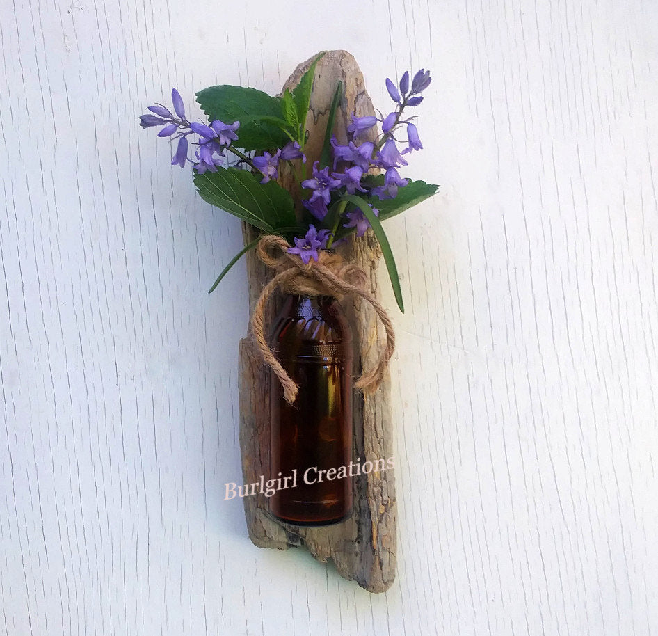 Driftwood Flower Vase Wall Hanging Air Plant Brown Bottle Vase