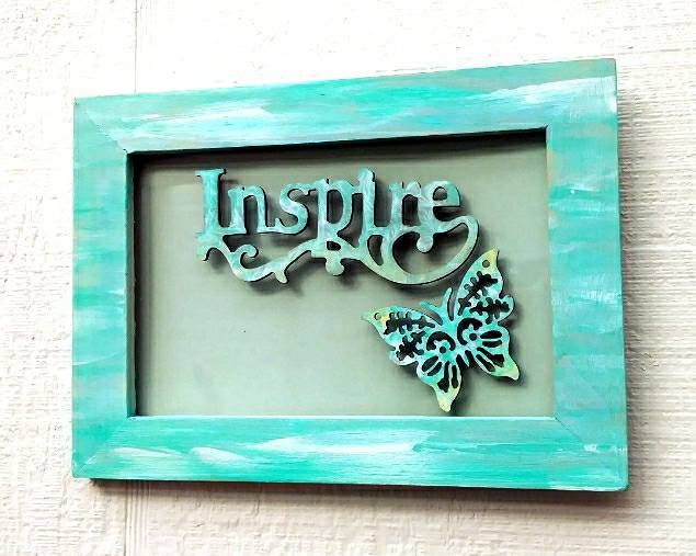 Inspire Butterfly 5X7 Hand Painted Frame Teal Green and White Inspirational Wall Art