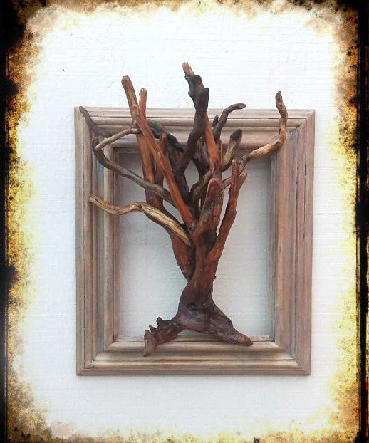 Driftwood tree in blue gray wood frame made with driftwood sticks from Oregon