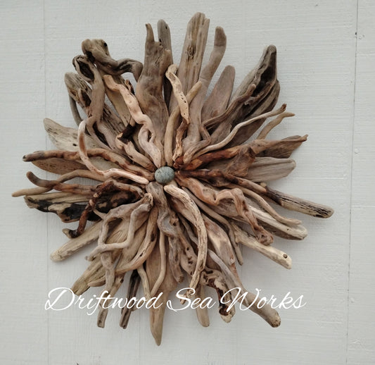 Large driftwood Sunburst wall hanging handcrafted with natural driftwood sticks from Oregon