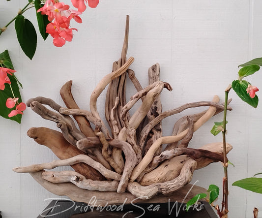 Hang this real driftwood wall sculpture above any entry way to bring a little beach to your home. Maybe it would look great in front of the fireplace when not being used. String some lights through it or wrap plants between the driftwood. However you choose to use this natural driftwood sculpture, it is sure to spark a conversation. This piece measures 24w x 20h x 7 inches. I made it with driftwood I collected at the ocean. Each sculpture is unique using hand selected driftwood pieces attached one at a time