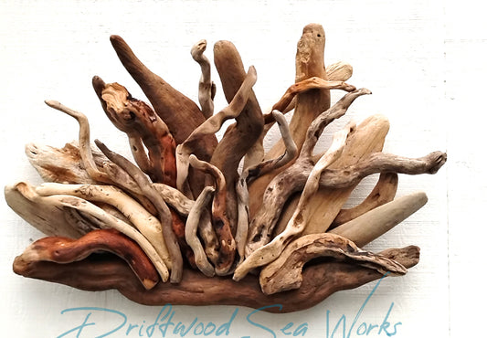 Fan shaped abstract driftwood Wall sculpture natural beige and brown in color. Perfect as a fireplace mantel piece of art.