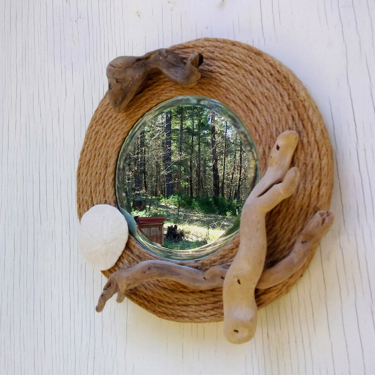 Small Round Mirror Wrapped In Jute With Driftwood and Sand Dollar Beach Cottage Decor