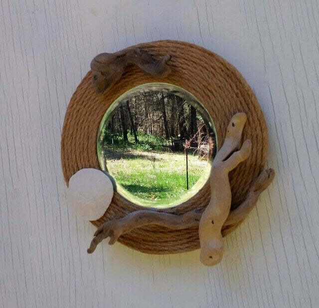 Small Round Mirror Wrapped In Jute With Driftwood and Sand Dollar Beach Cottage Decor