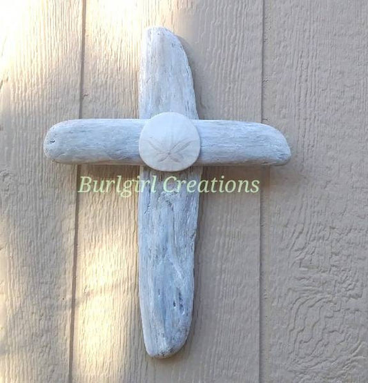 White Spiritual Cross Religious Wall Decor With Oregon Sand Dollar