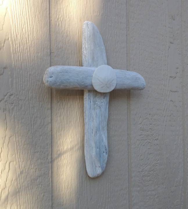 White Spiritual Cross Religious Wall Decor With Oregon Sand Dollar